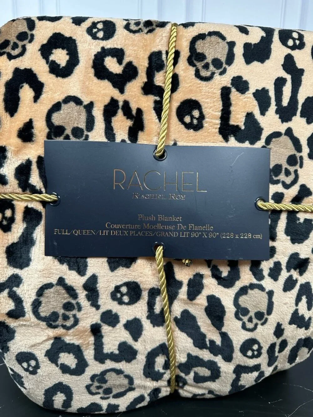 Rachel Roy Halloween Plush Blanket Full Queen Leopard Skull Print Tan Black
